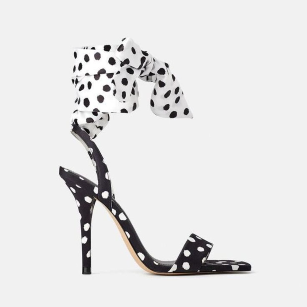 Zara Polka Dot High Heel Ankle Wrap Sandals, Size 11 - Picture 2 of 12